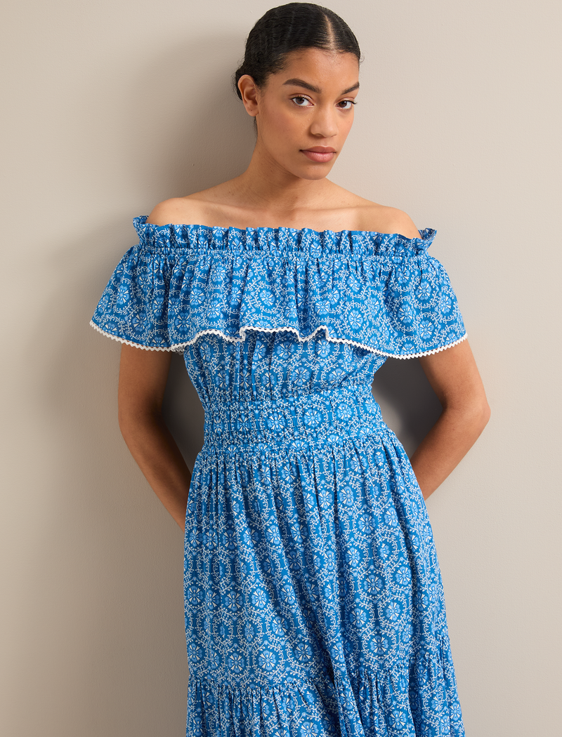 Aimee Cotton Maxi Dress - Blue Circle Carnation Print