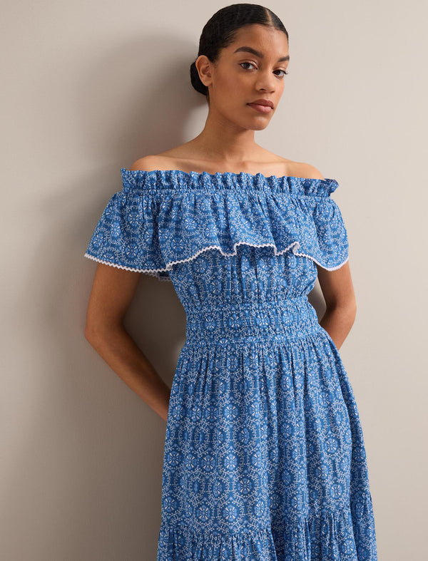 Aimee Cotton Maxi Dress - Blue Circle Carnation Print