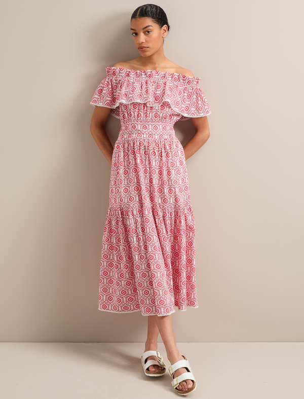 Aimee Cotton Maxi Dress - White Pink Circle Carnation Print