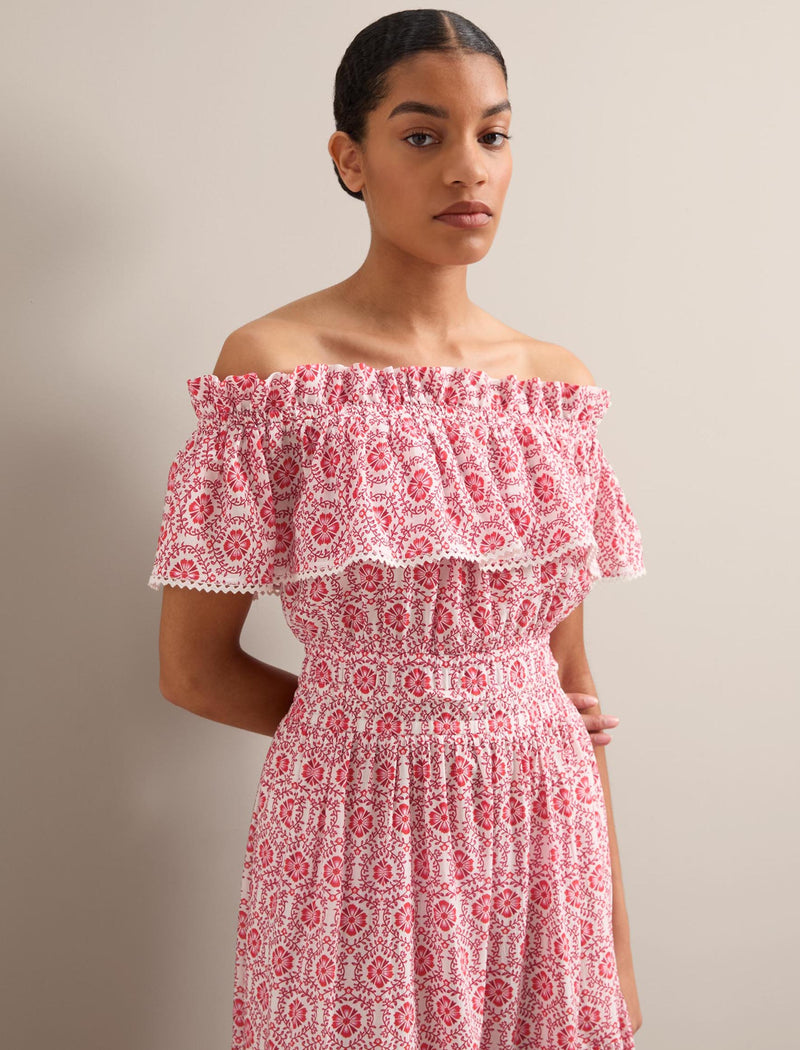 Aimee Cotton Maxi Dress - White Pink Circle Carnation Print