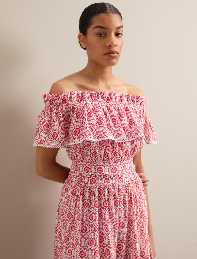 Aimee Cotton Maxi Dress - White Pink Circle Carnation Print