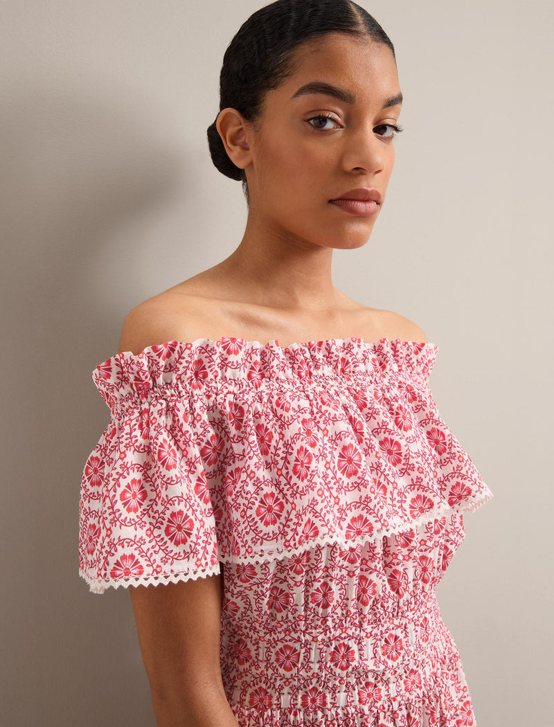 Aimee Cotton Maxi Dress - White Pink Circle Carnation Print