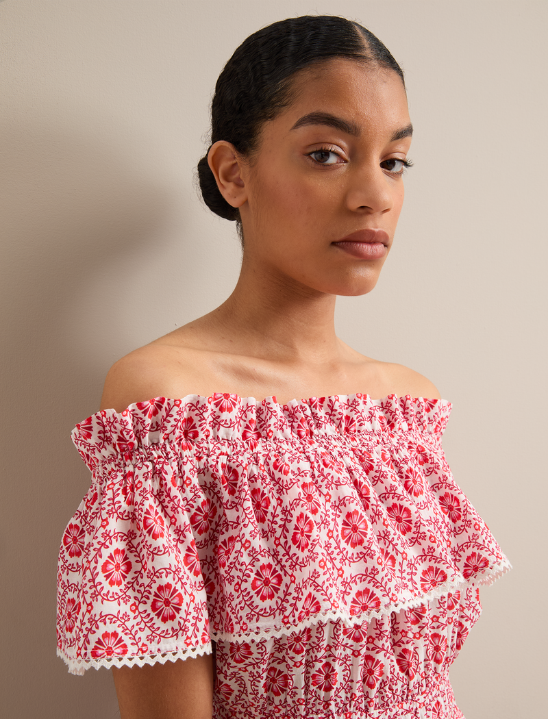 Aimee Cotton Maxi Dress - White Pink Circle Carnation Print