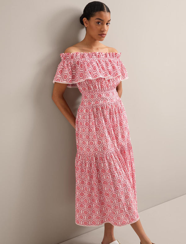 Aimee Cotton Maxi Dress - White Pink Circle Carnation Print