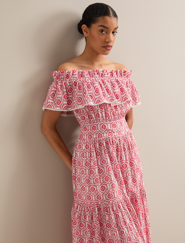 Aimee Cotton Maxi Dress - White Pink Circle Carnation Print