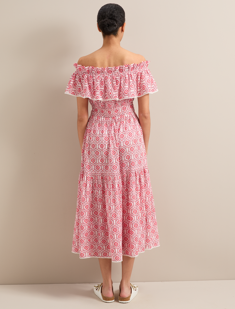 Aimee Cotton Maxi Dress - White Pink Circle Carnation Print