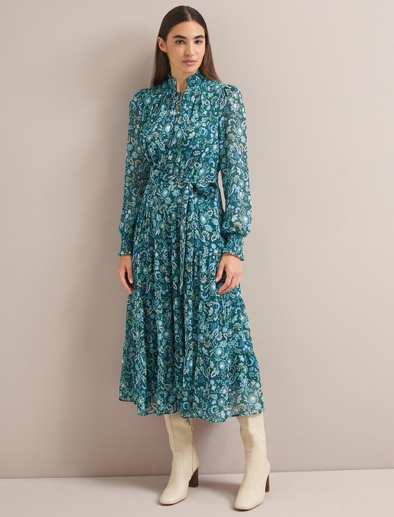 Marina Maxi Dress - Dark Green Pale Blue Large Floral Print