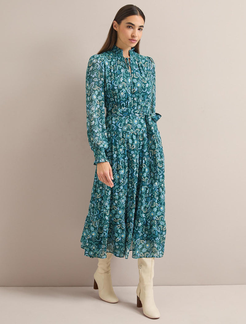 Marina Maxi Dress - Dark Green Pale Blue Large Floral Print