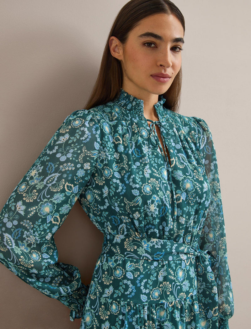 Marina Maxi Dress - Dark Green Pale Blue Large Floral Print