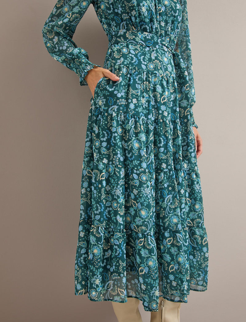 Marina Maxi Dress - Dark Green Pale Blue Large Floral Print