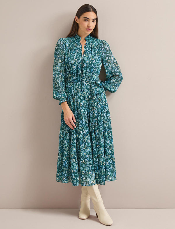 Marina Maxi Dress - Dark Green Pale Blue Large Floral Print