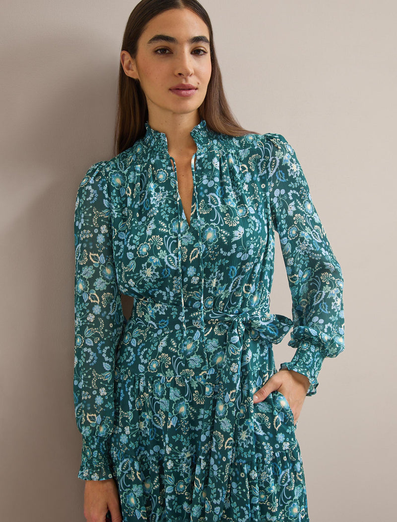 Marina Maxi Dress - Dark Green Pale Blue Large Floral Print