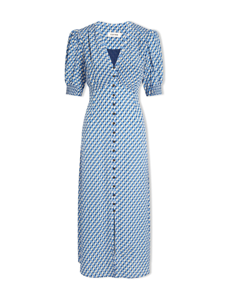 Julietta Silk Maxi Dress - Blue Cream Lips Print