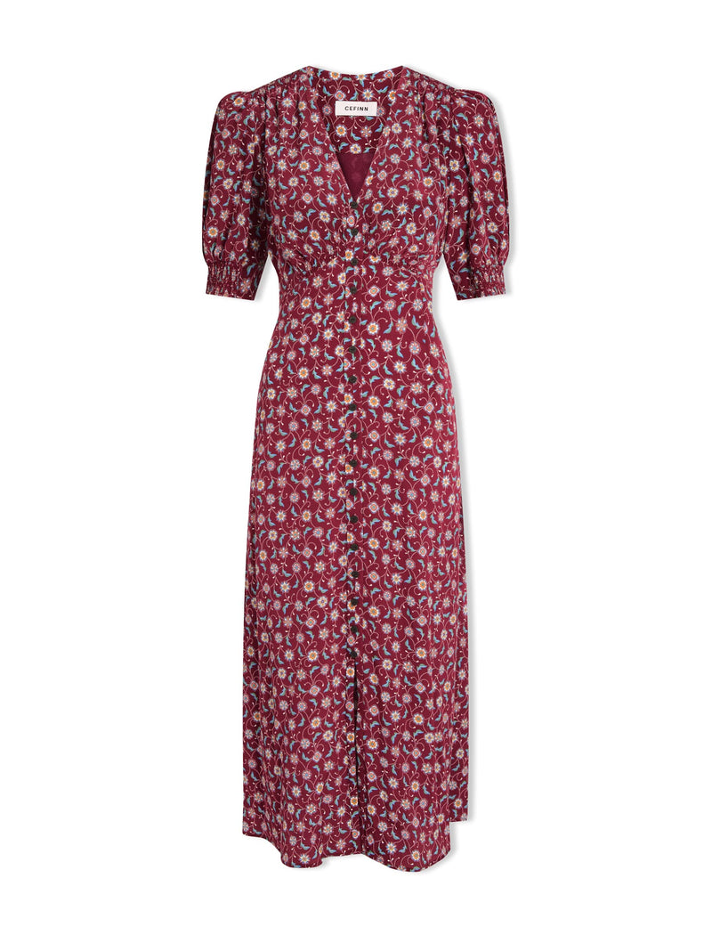 Julietta Silk Maxi Dress - Burgundy Trellis Print