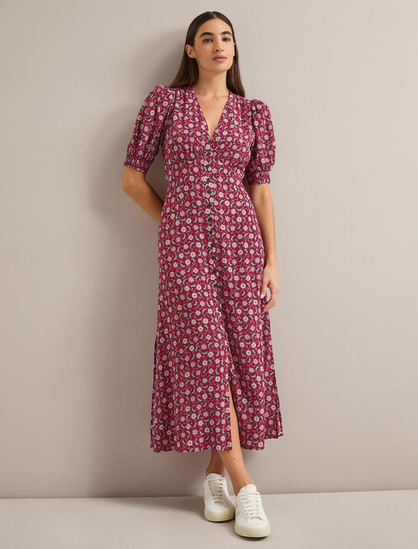 Julietta Silk Maxi Dress - Burgundy Trellis Print