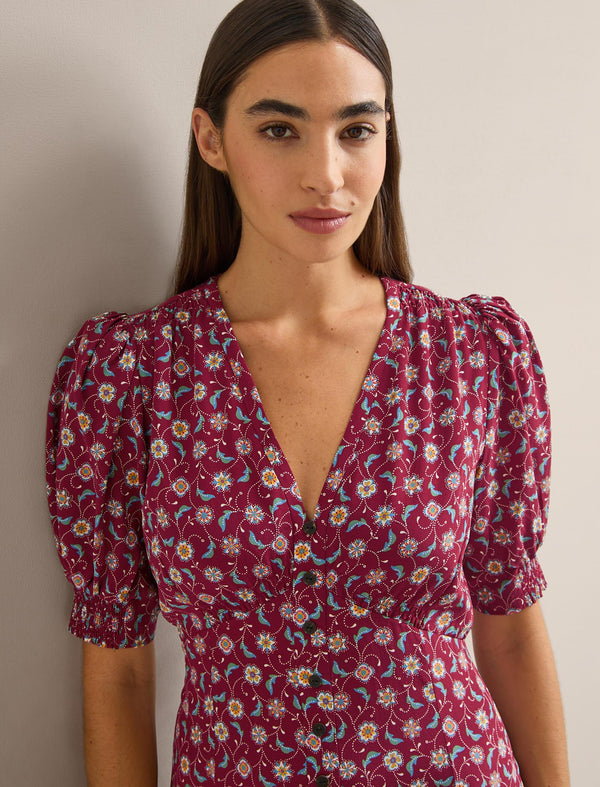 Julietta Silk Maxi Dress - Burgundy Trellis Print