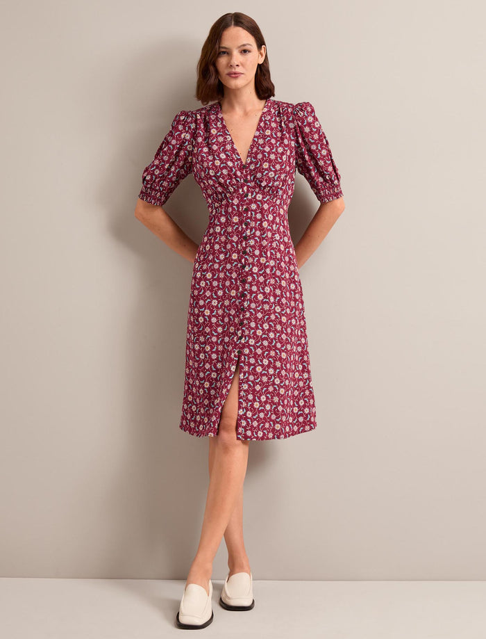 cefinn Julietta Silk Short Dress - Burgundy Trellis Print Dress