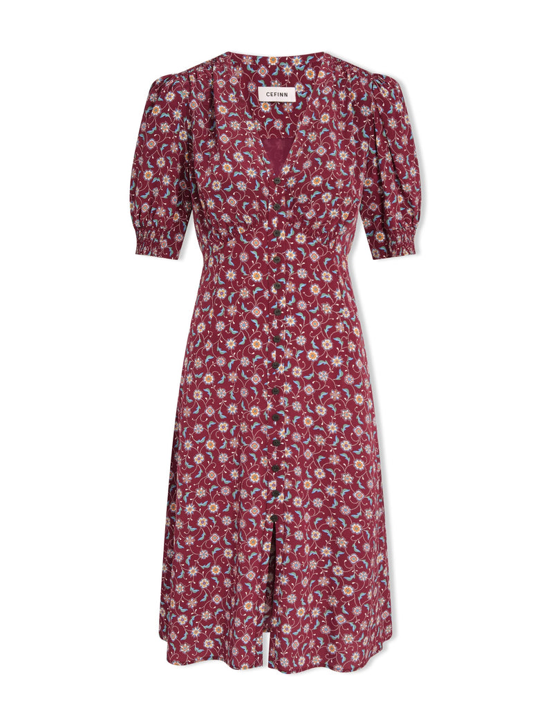 Julietta Silk Short Dress - Burgundy Trellis Print