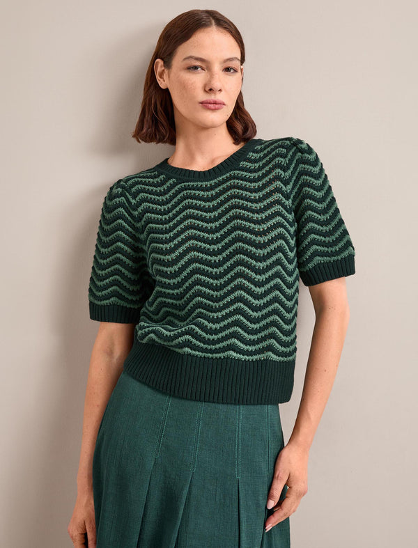 June Cotton Short Sleeve Jumper - Dark Green Pale Green Stripe