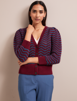 Chloe Cotton Cardigan - Burgundy Denim Blue Stripe