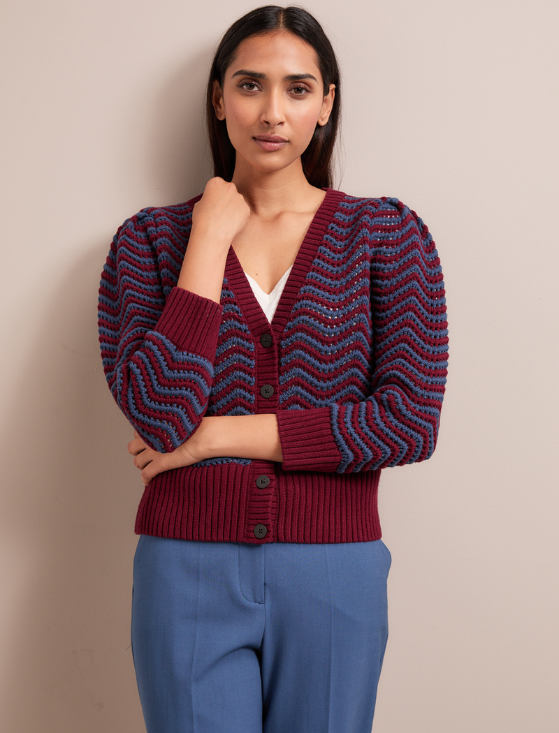 Chloe Cotton Cardigan - Burgundy Denim Blue Stripe