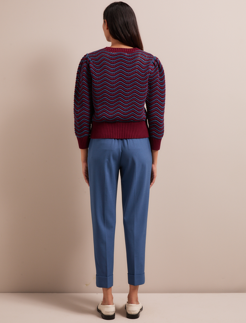 Chloe Cotton Cardigan - Burgundy Denim Blue Stripe