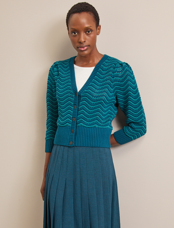Chloe Cotton Cardigan - Petrol Blue Pale Petrol Blue Stripe