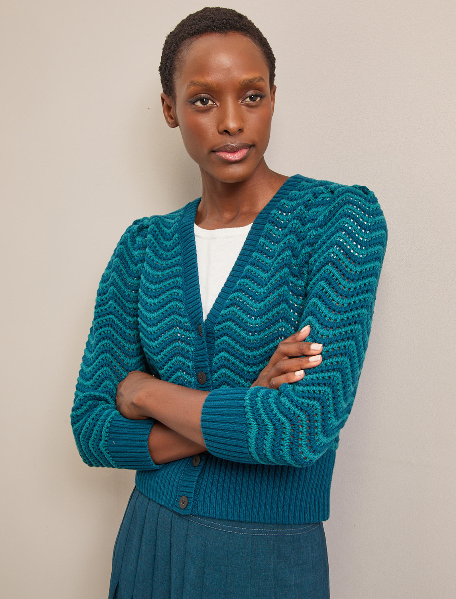 Chloe Cotton Crochet Cardigan with Puff Ball Sleeve - Petrol Blue