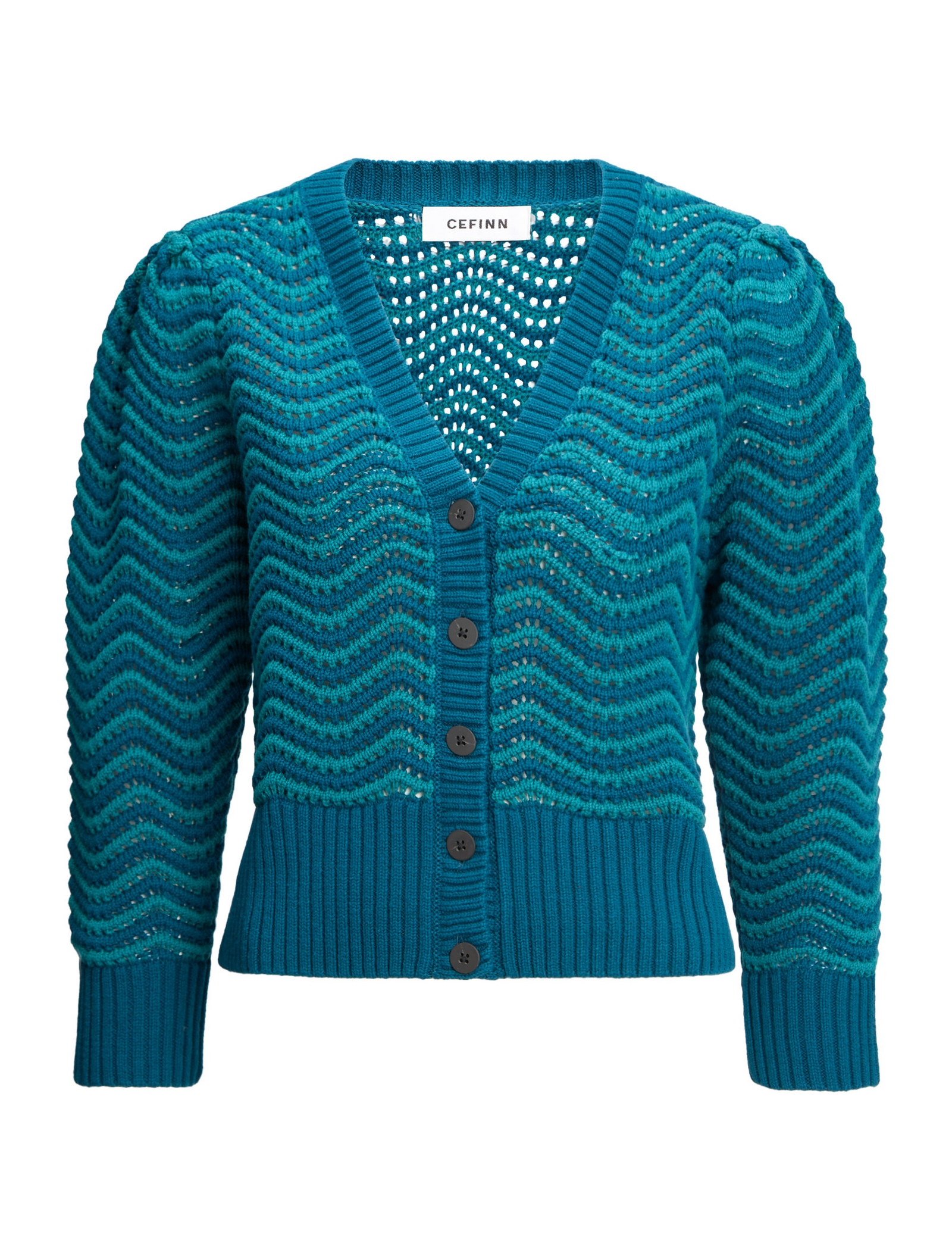Chloe カーディガン Chloe Cotton Crochet Cardigan with Puff Ball Sleeve - Petrol Blue