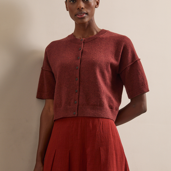Casey Boxy Short Sleeve Cotton Blend Cardigan - Rust
