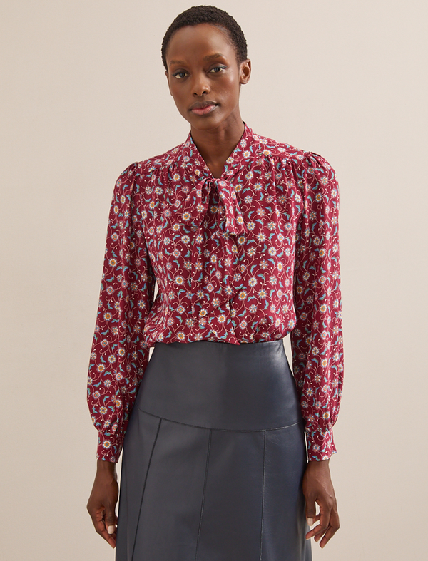 Matty Silk Shirt - Burgundy Trellis Print
