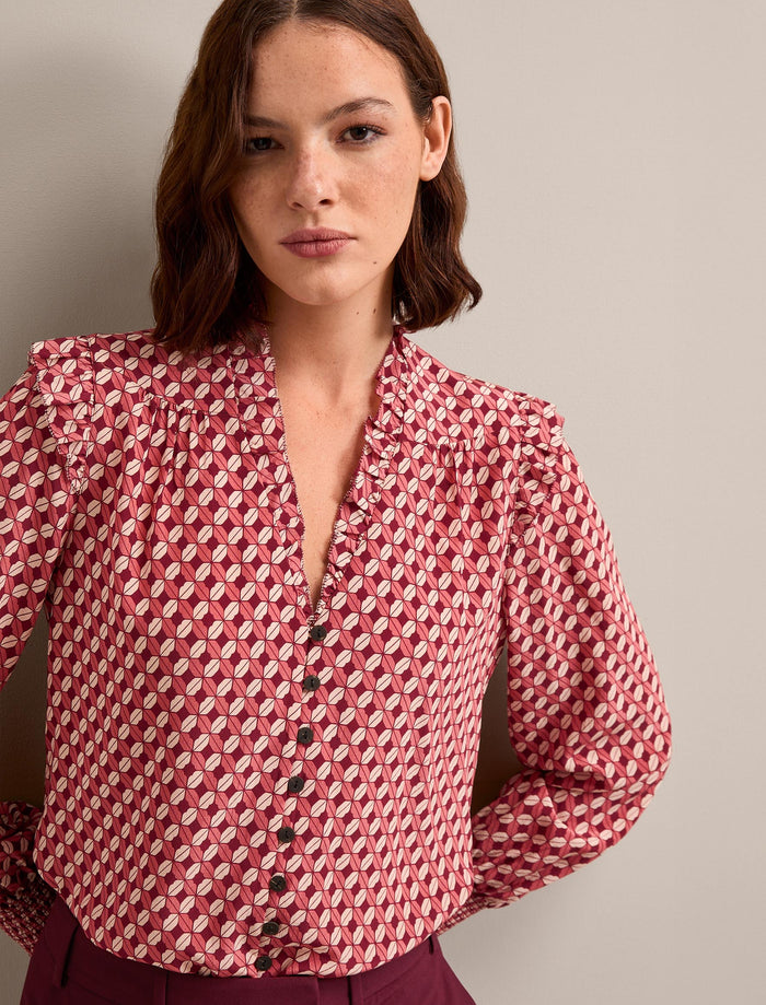 cefinn Stella Silk Shirt - Blush Burgundy Lips Print Shirt
