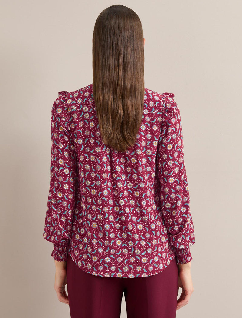 Stella Silk Shirt - Burgundy Trellis Print