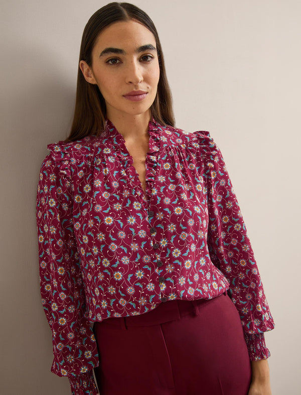 Stella Silk Shirt - Burgundy Trellis Print