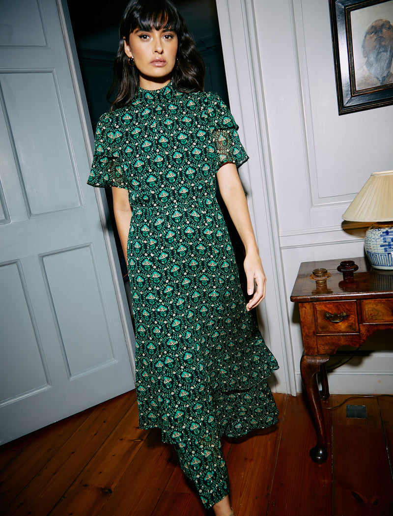 Aurelie Lurex Funnel Neck Maxi Dress - Green Carnation Print