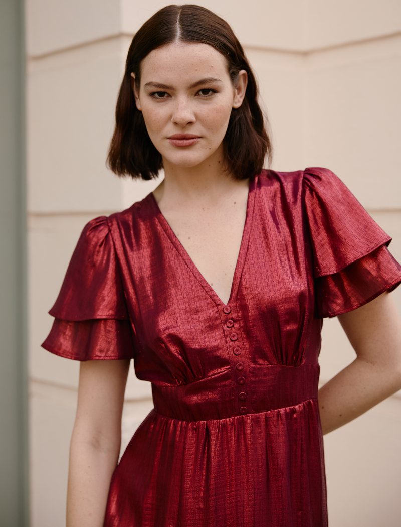 Midi Dress Shape Burgundy Satin Wrap Dress Wrap-effect Satin Midi