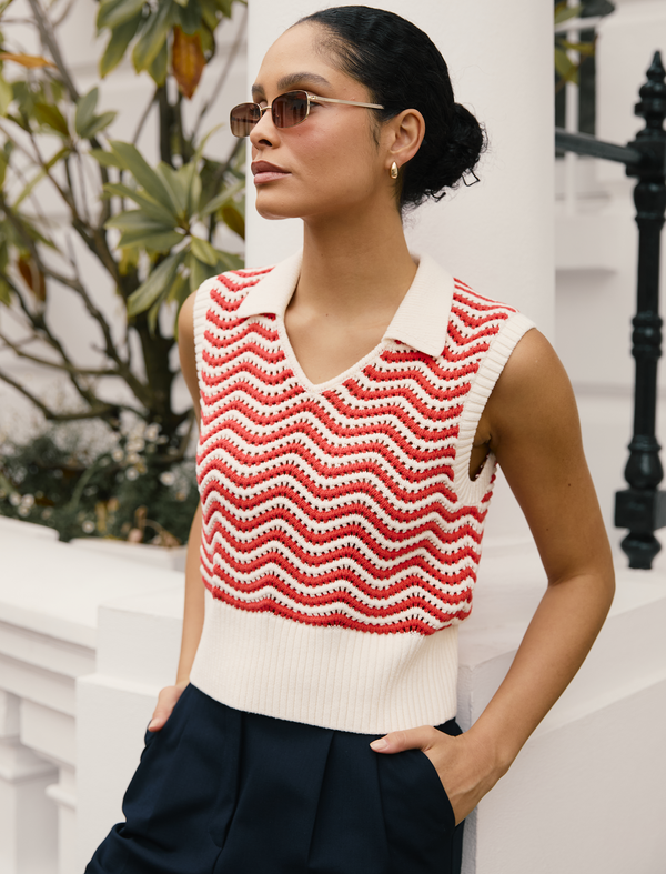 Velma Cotton Vest - White Orange Stripe