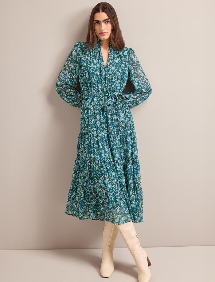 cefinn Marina Maxi Dress - Dark Green Pale Blue Large Floral Dress