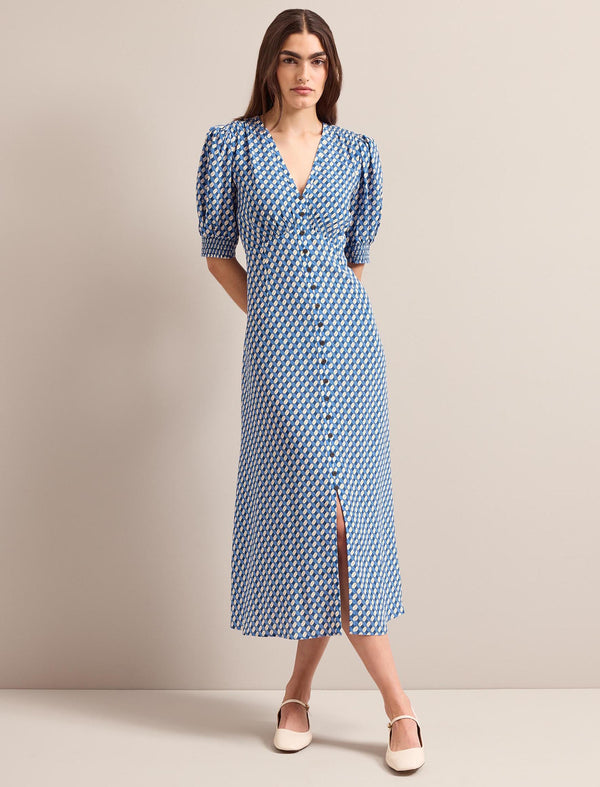 Julietta Silk Maxi Dress - Blue Cream Lips Print