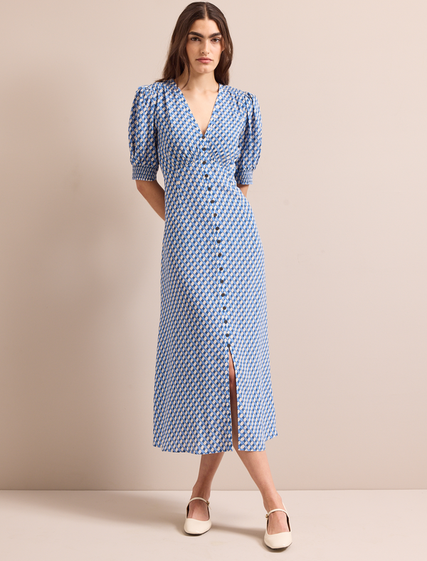 Julietta Silk Maxi Dress - Blue Cream Lips Print