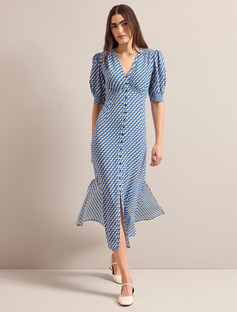 Julietta Silk Maxi Dress - Blue Cream Lips Print
