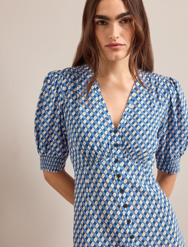 Julietta Silk Maxi Dress - Blue Cream Lips Print