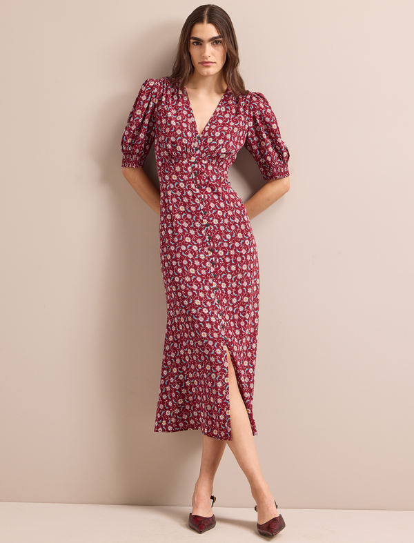 Julietta Silk Maxi Dress - Burgundy Trellis Print