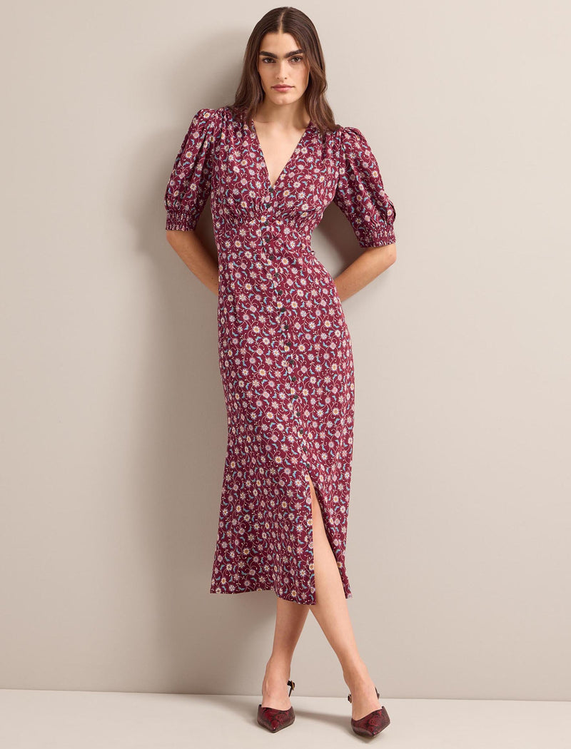 Julietta Silk Maxi Dress - Burgundy Trellis Print