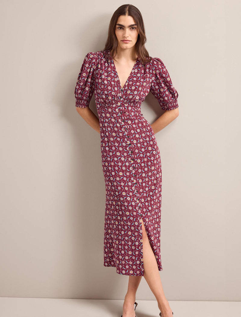 Julietta Silk Maxi Dress - Burgundy Trellis Print