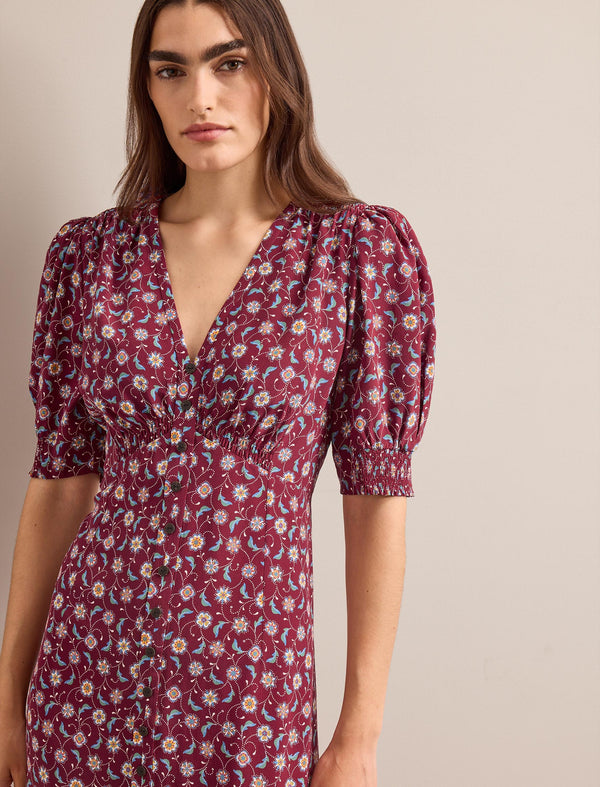 Julietta Silk Maxi Dress - Burgundy Trellis Print
