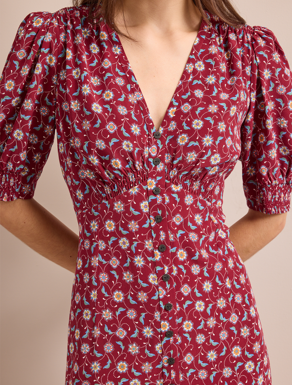Julietta Silk Maxi Dress - Burgundy Trellis Print