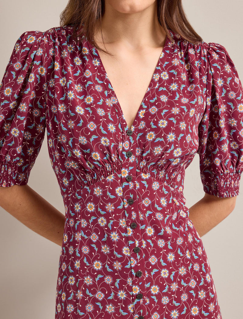 Julietta Silk Maxi Dress - Burgundy Trellis Print