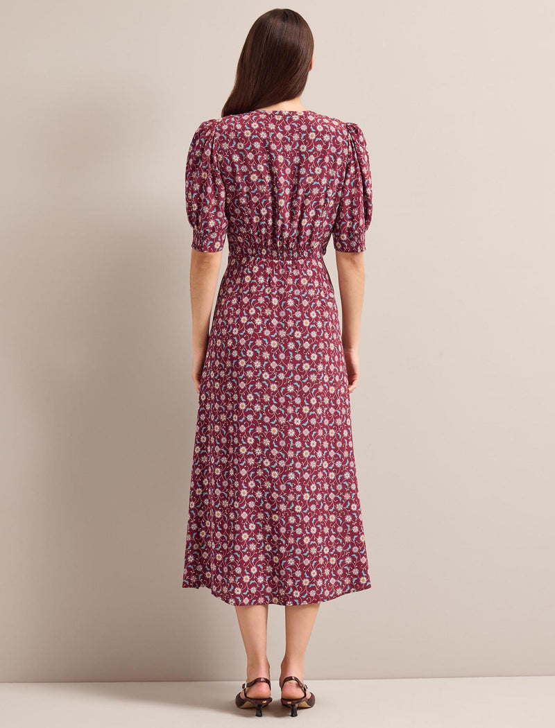 Julietta Silk Maxi Dress - Burgundy Trellis Print