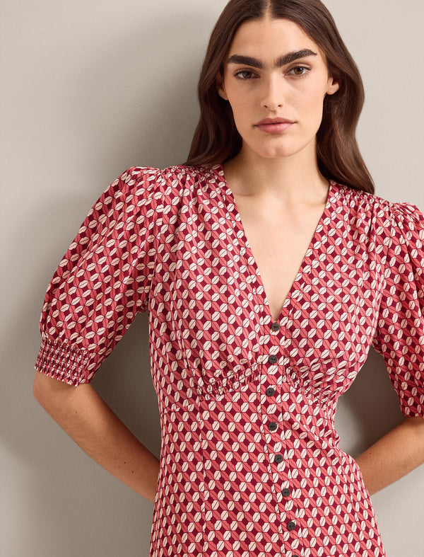 Julietta Silk Short Dress - Blush Burgundy Lips Print